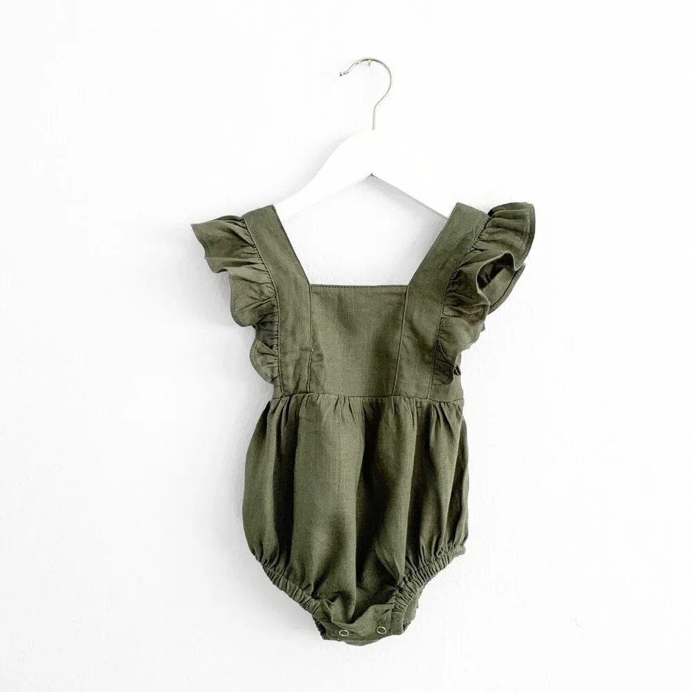 NWT Pretty Baby Girls Linen Romper Bubble Bohemian Boutique Olive Green 6-9M